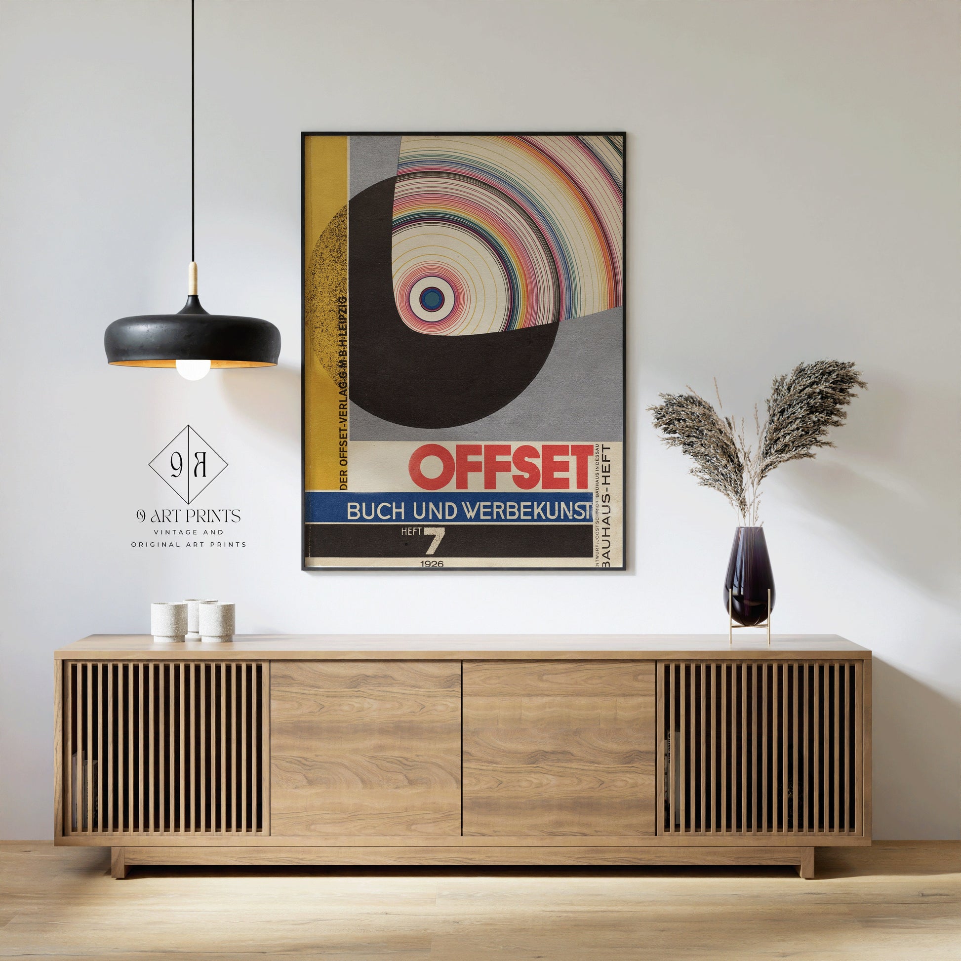 Mid-century modern art print Bauhaus Joost Schmidt offset magazine cover in elegant living room setting, framed or unframed option.