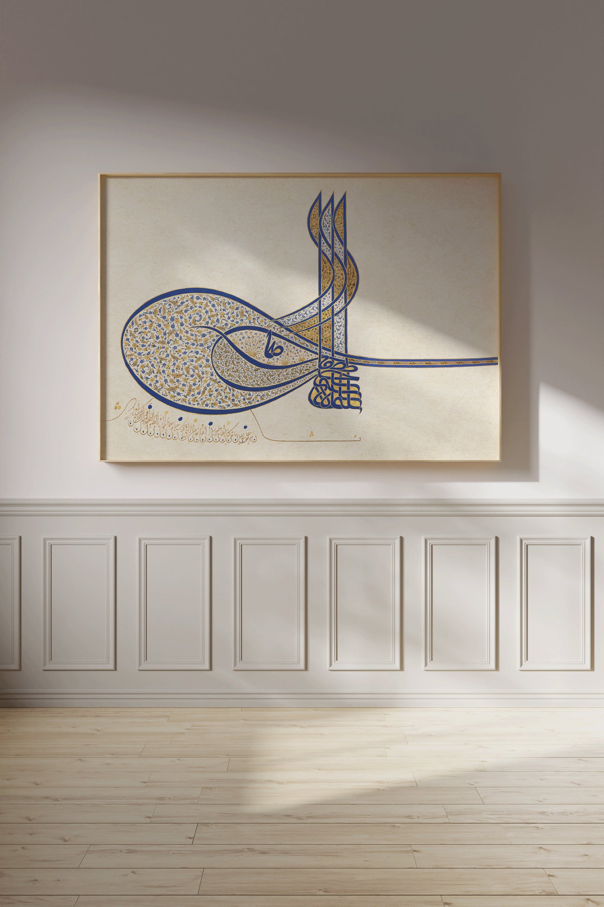 Vintage Tughra of Sultan Suleiman in a stylish interior setting, showcasing fine Arabic calligraphy art, available framed or unframed.