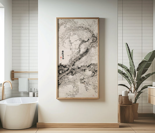 Vintage Japanese Plum Tree art print in minimal bathroom with potted plant, available framed or unframed, enhancing elegant interiors.