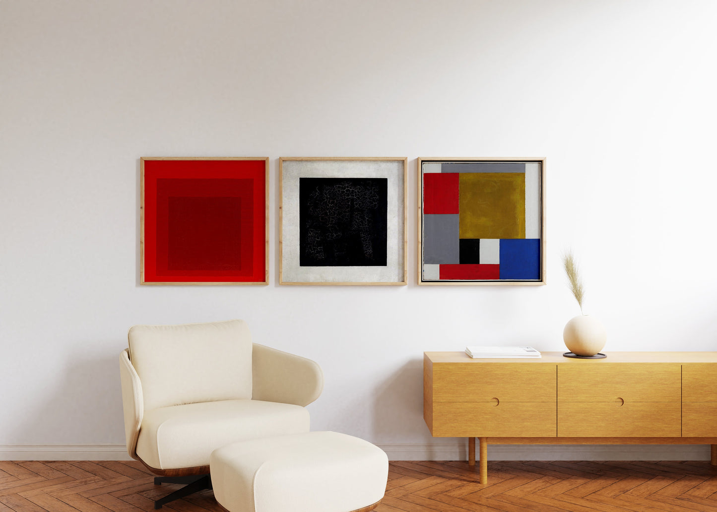 Bauhaus fine art prints set by Josef Albers, Kazimir Malevich, and Theo von Doesburg in a modern living space, framed or unframed.