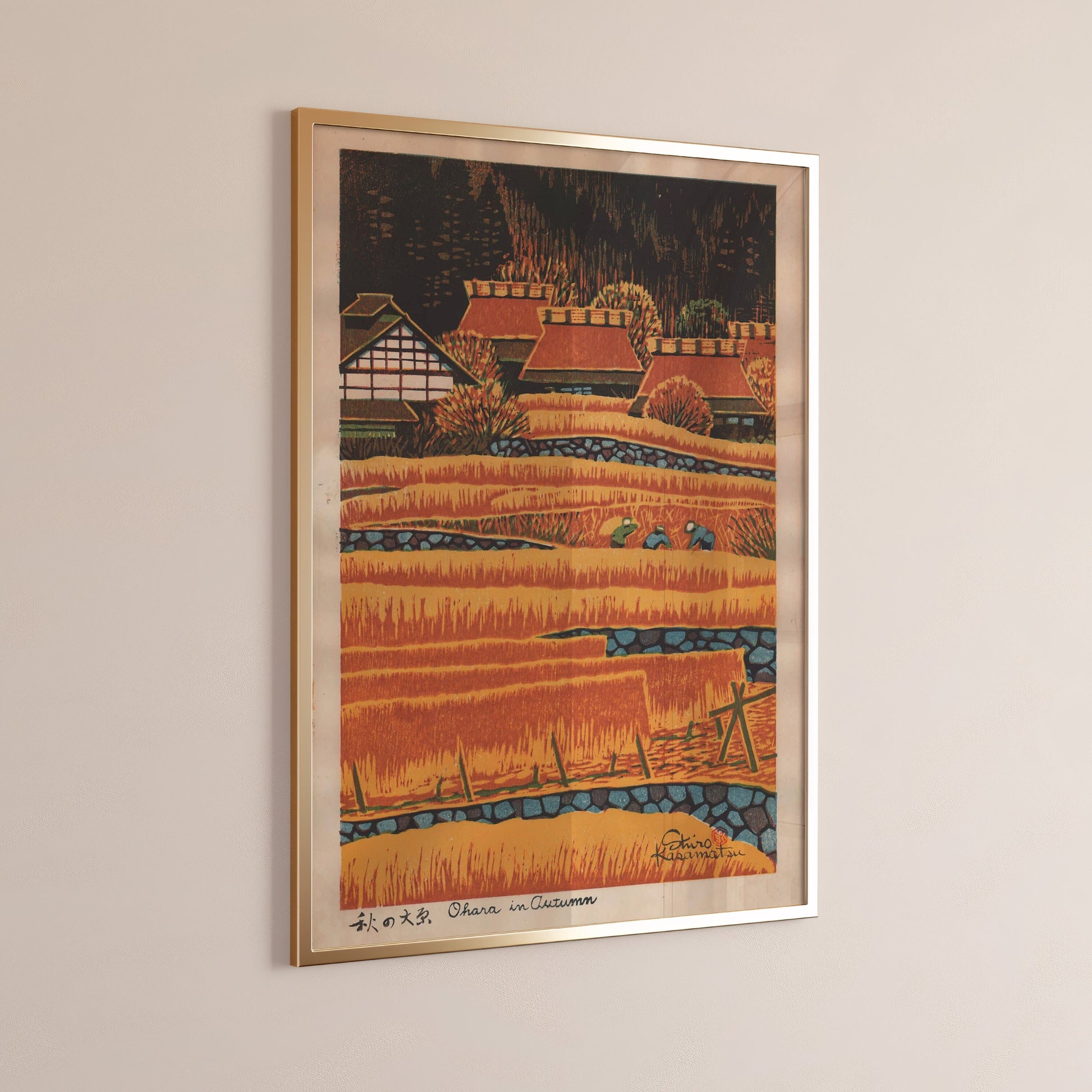 "Shiro Kasamatsu's Ohara in Autumn, vintage Japanese woodblock print in orange, framed art on beige wall"