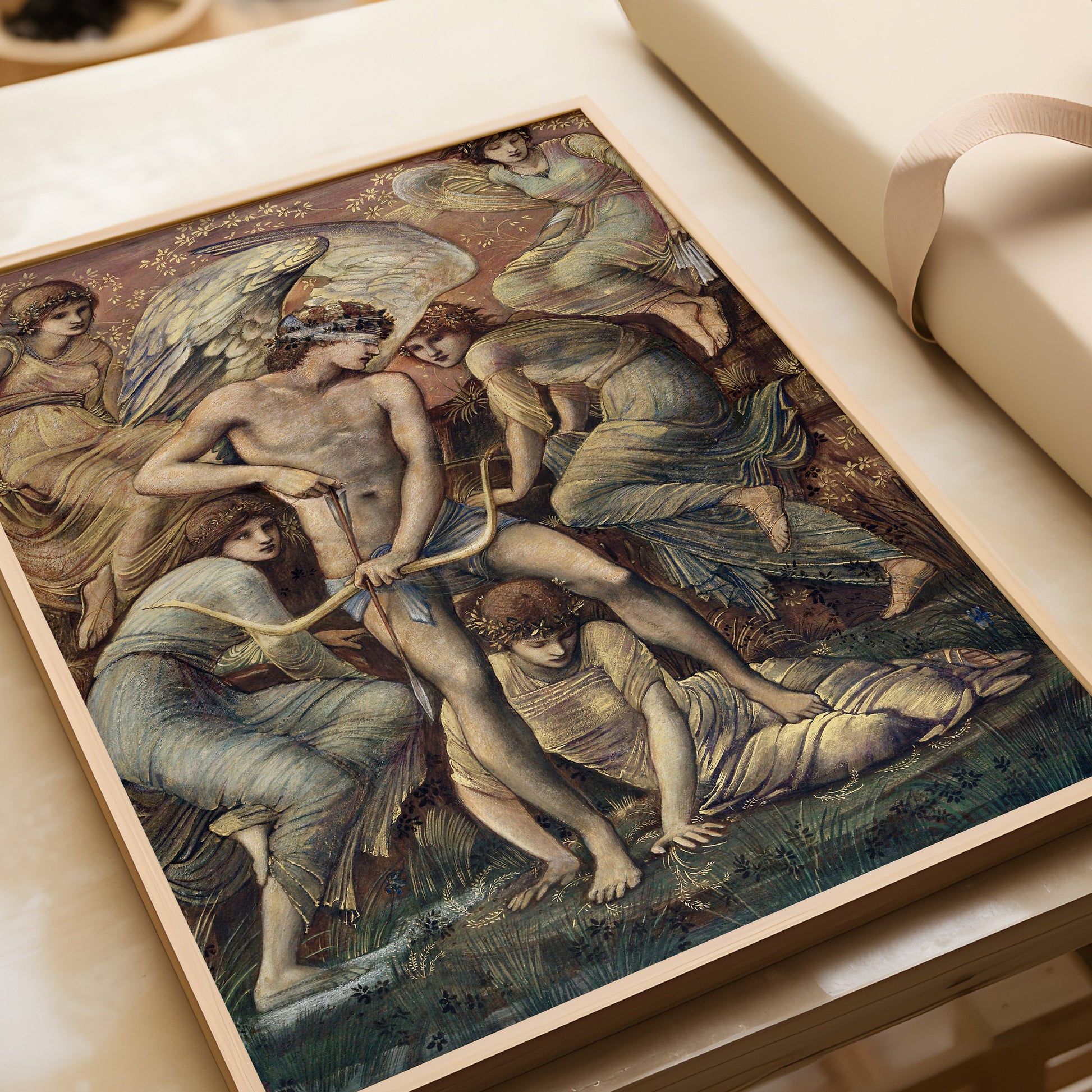 "Edward Burne-Jones Cupid's Hunting Grounds framed art print, museum-quality classic mythology piece, available handcrafted or unframed"