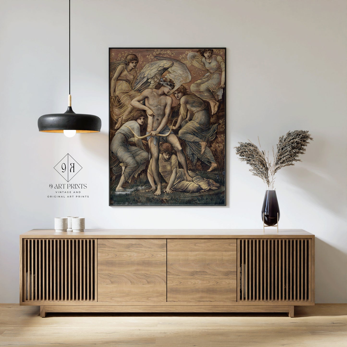 Edward Burne-Jones Cupid's Hunting Grounds classic art print displayed in modern living room with sideboard and decor.