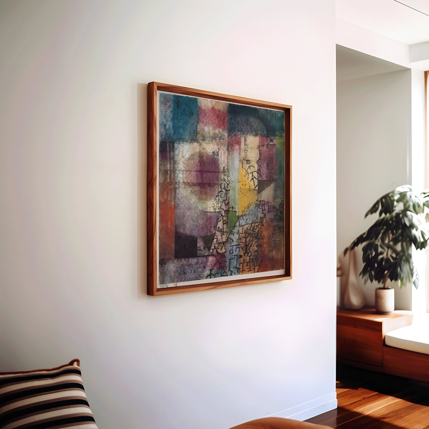 Vintage mid-century modern abstract art print by Paul Klee, framed, displayed in a stylish interior space.