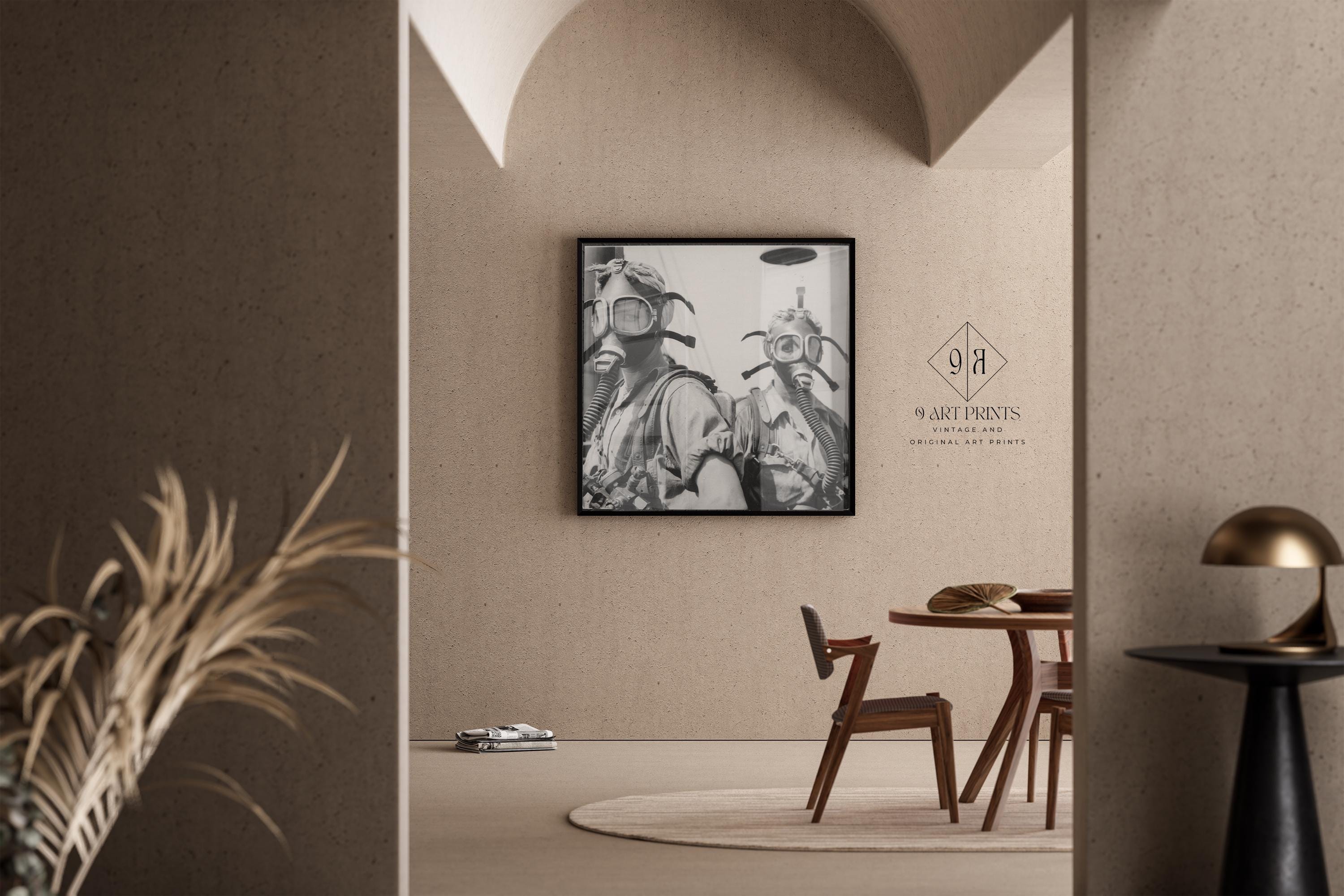 Vintage Gas Mask Ladies Photograph: Black & White Giclée Art Print