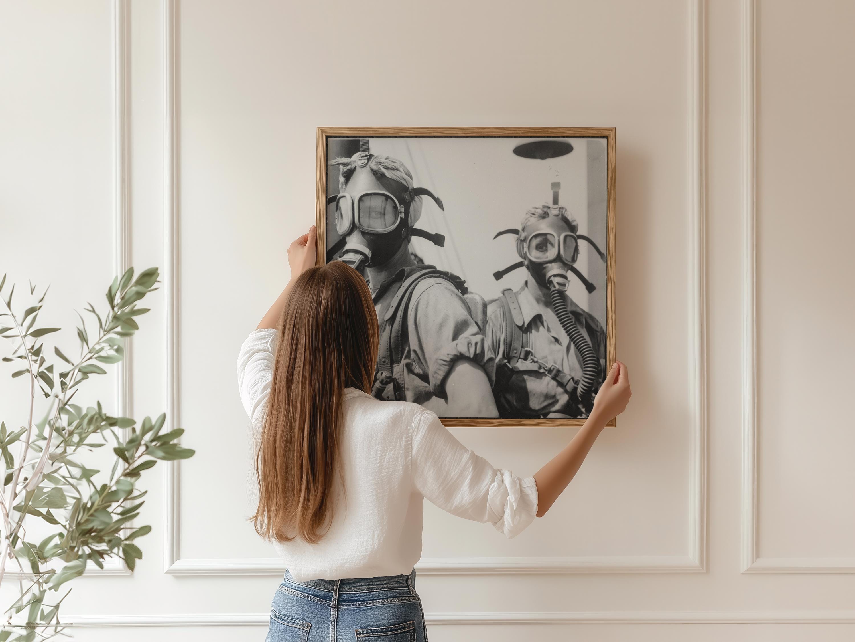 Vintage Gas Mask Ladies Photograph: Black & White Giclée Art Print
