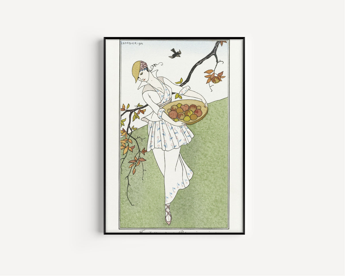 George Barbier — Toilette de taffetas imprimé, Chapeau de paille [Printed taffeta dress, straw hat] | Art Deco Fashion Print