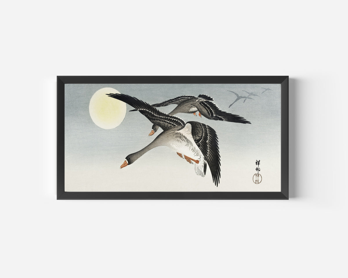 Ohara Koson — Geese in Flight at Full Moon | Japanese Bird & Flower Woodblock Print