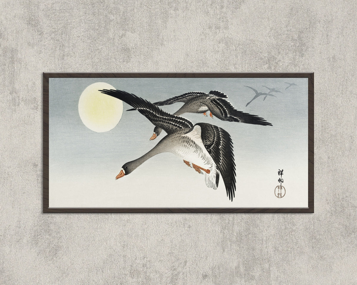Ohara Koson — Geese in Flight at Full Moon | Japanese Bird & Flower Woodblock Print