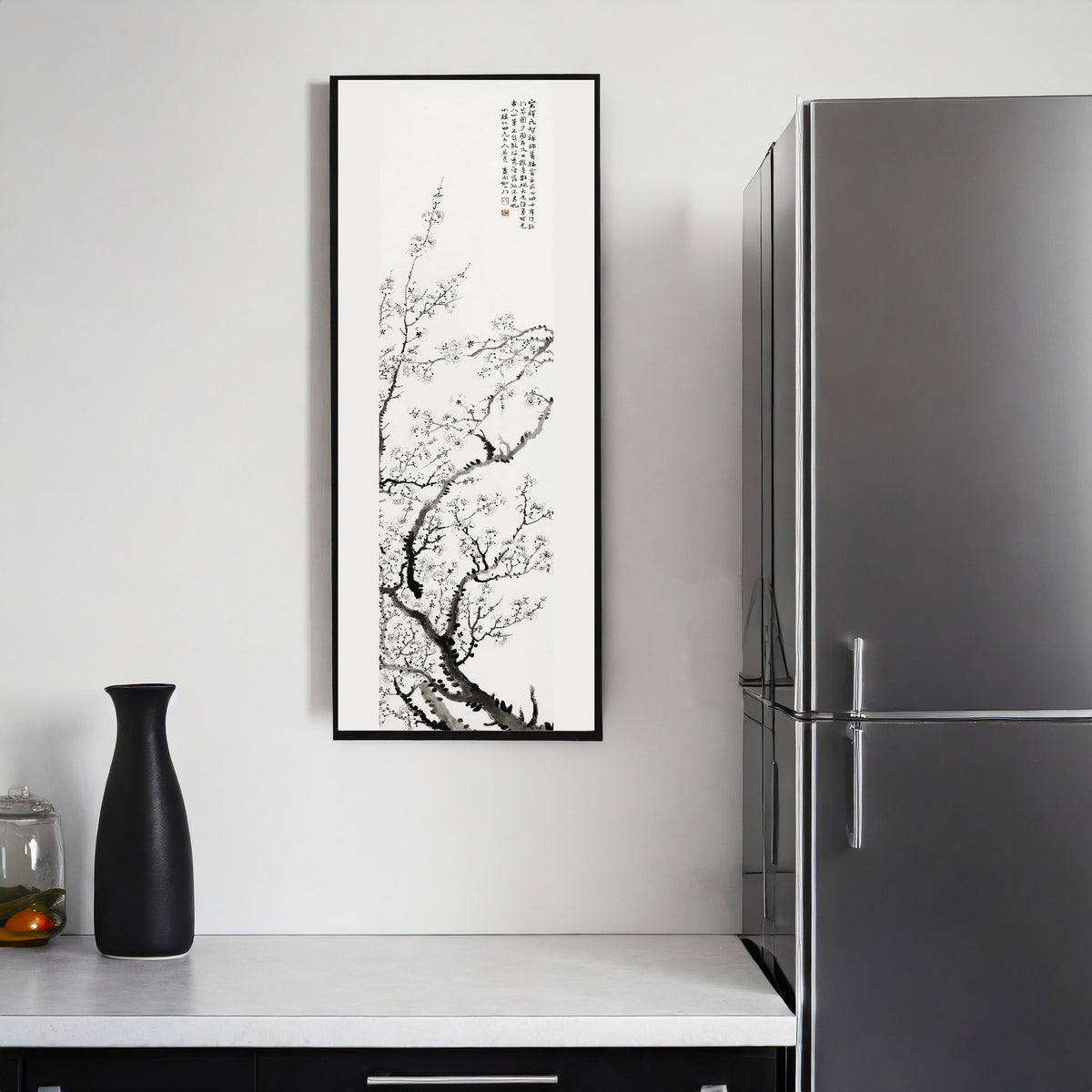 Cherry Blossoms, from a set of four by Rushan — framed on a kitchen wall