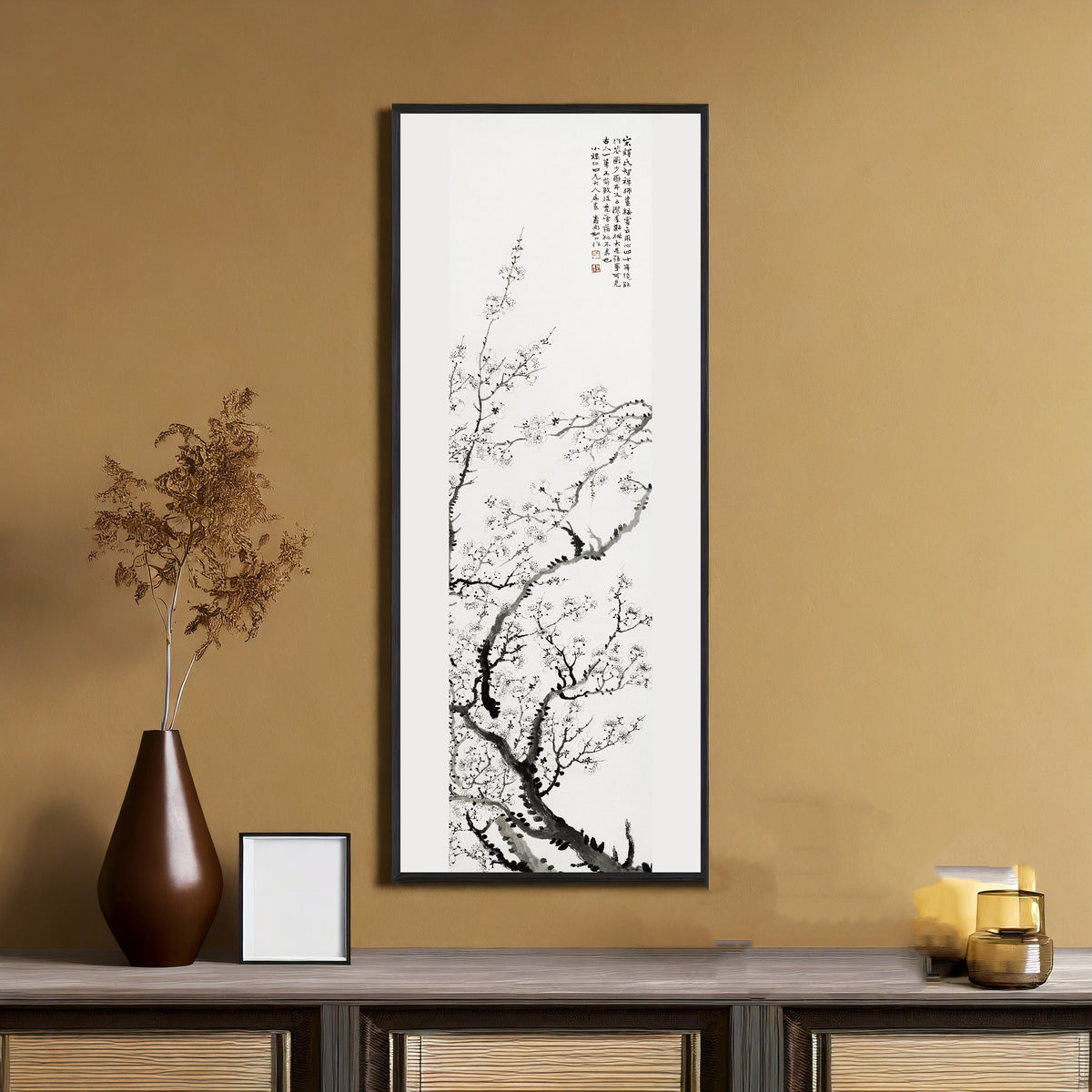 Cherry Blossoms, from a set of four by Rushan — framed on an ochre wall above a console table