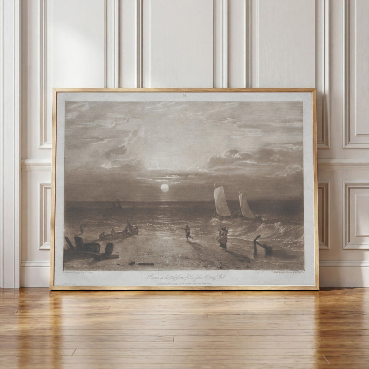 Framed art print of Liber Studiorum: Mildmay Sea-piece by J.M.W. Turner, in a light wood frame leaning against a panelled white wall