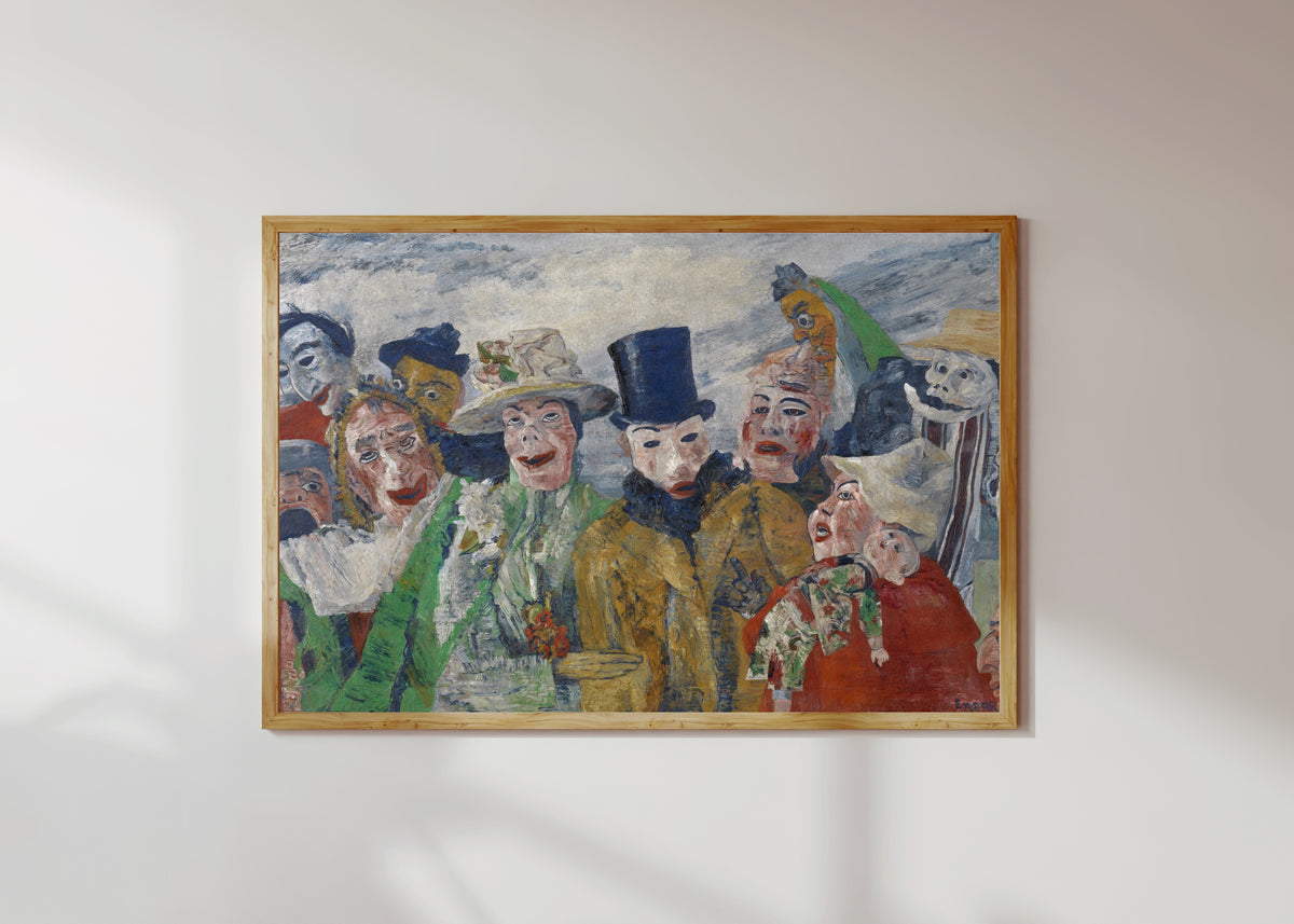 Framed art print of The Intrigue by James Ensor, in a light wood frame on a sunlit white wall