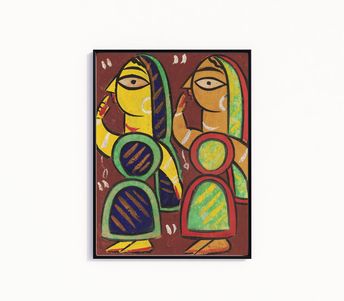 Framed art print of Untitled by Jamini Roy, in a slim black frame on a plain white wall