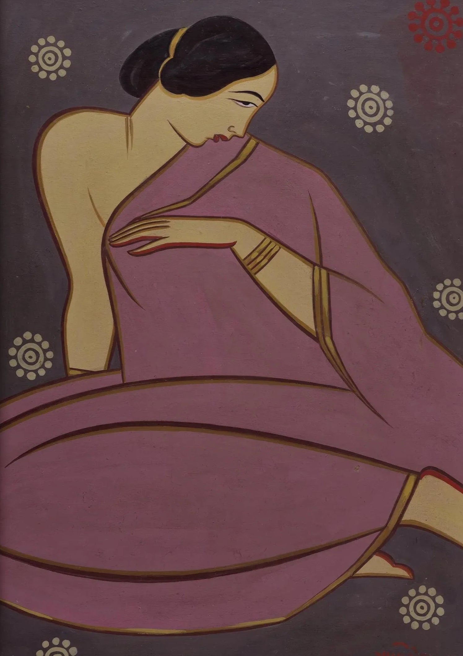 Jamini Roy Woman in Pink Sari Art Print: Bengali Folk Art - 9ArtPrints