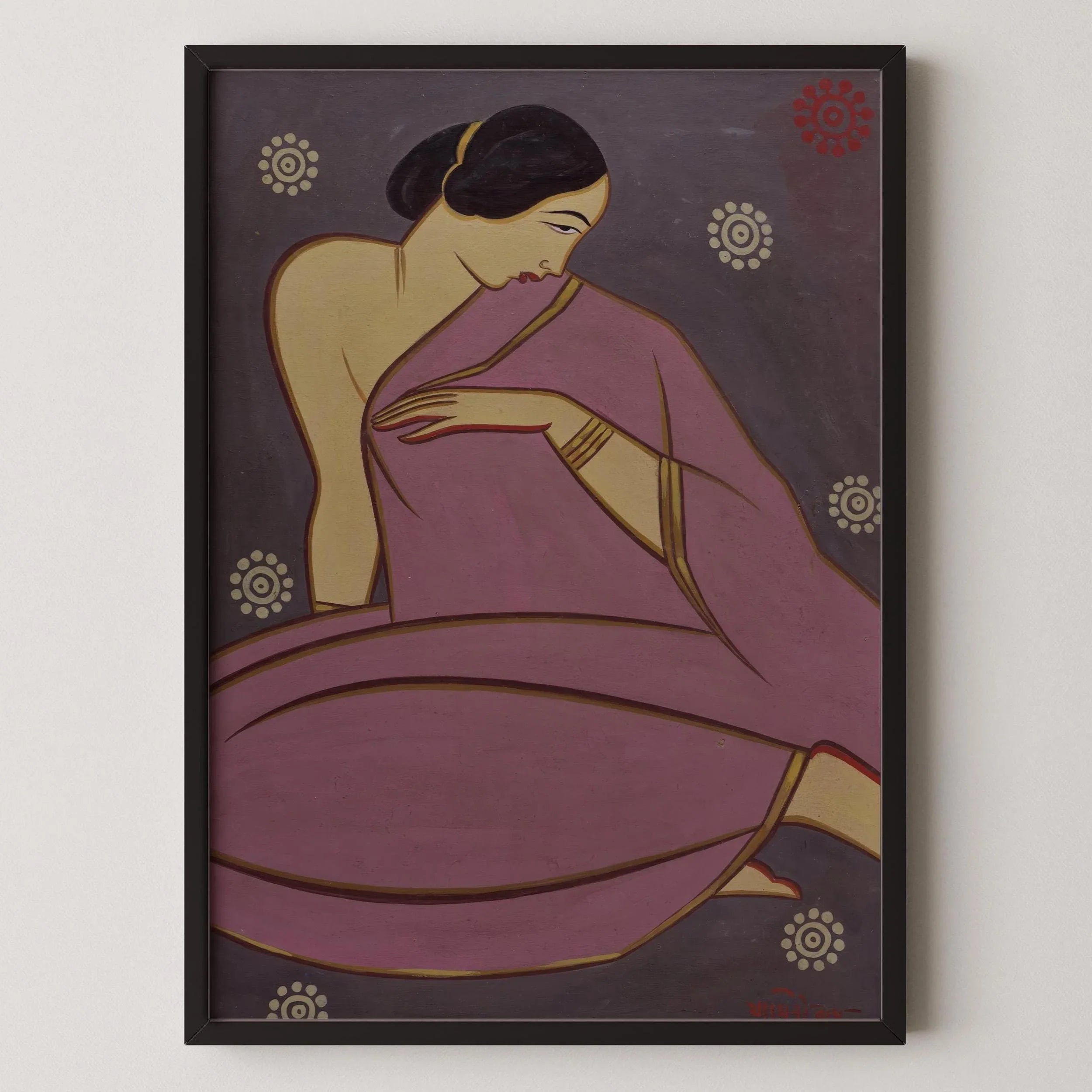 Jamini Roy Woman in Pink Sari Art Print: Bengali Folk Art - 9ArtPrints