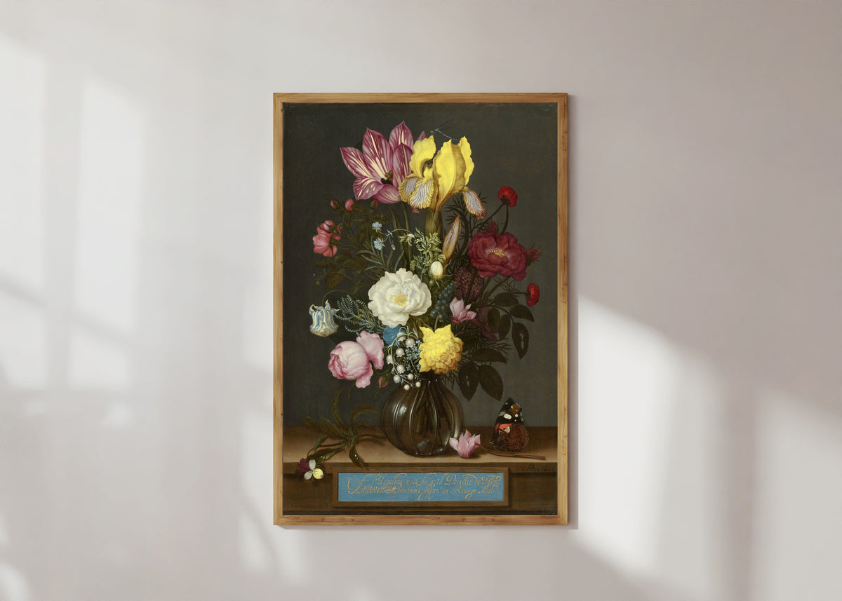 Framed art print of Bouquet of Flowers in a Glass Vase by Jan Davidsz. de Heem, in a light wood frame on a sunlit white wall