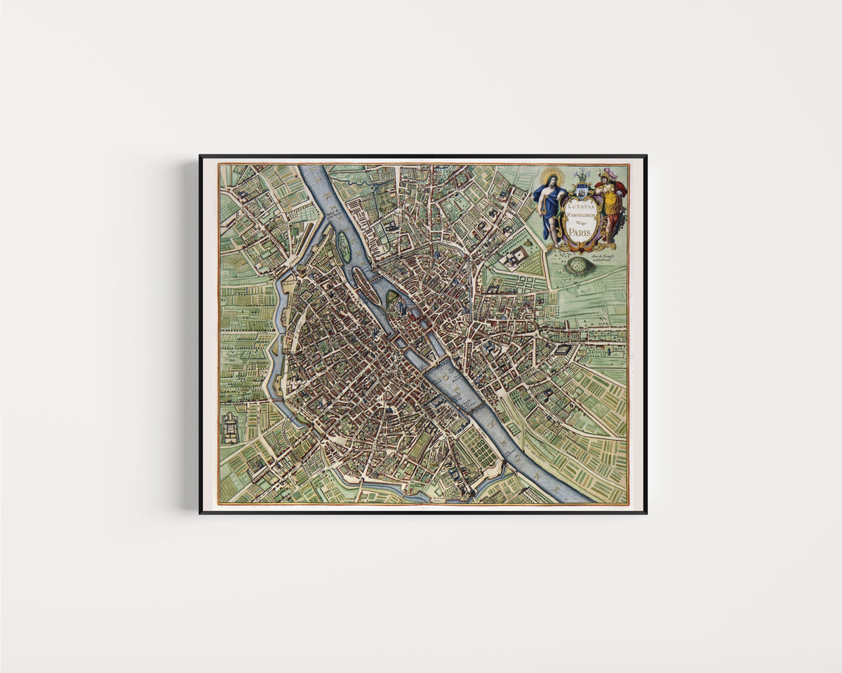 Framed art print of Lutetia Parisiorum vulgo Paris by Jan Janssonius, in a slim black frame on a plain white wall