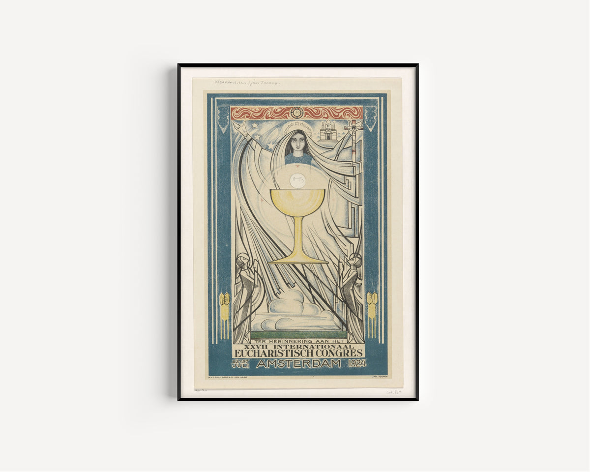 Affiche voor het Internationaal Eucharistisch Congres, 1924 by Jan Toorop — in a slim black frame on a plain white wall