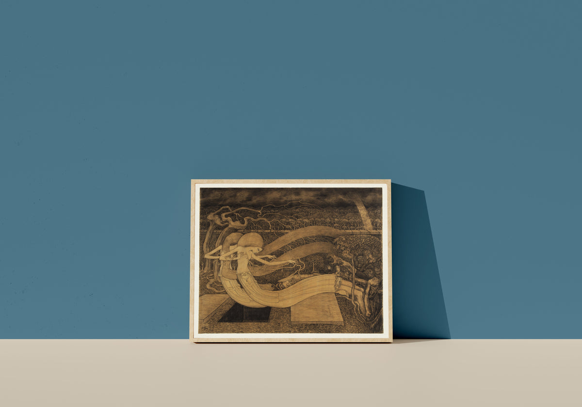 Framed art print of O Grave, Where Is Thy Victory by Jan Toorop, in a light wood frame leaning on a blue wall