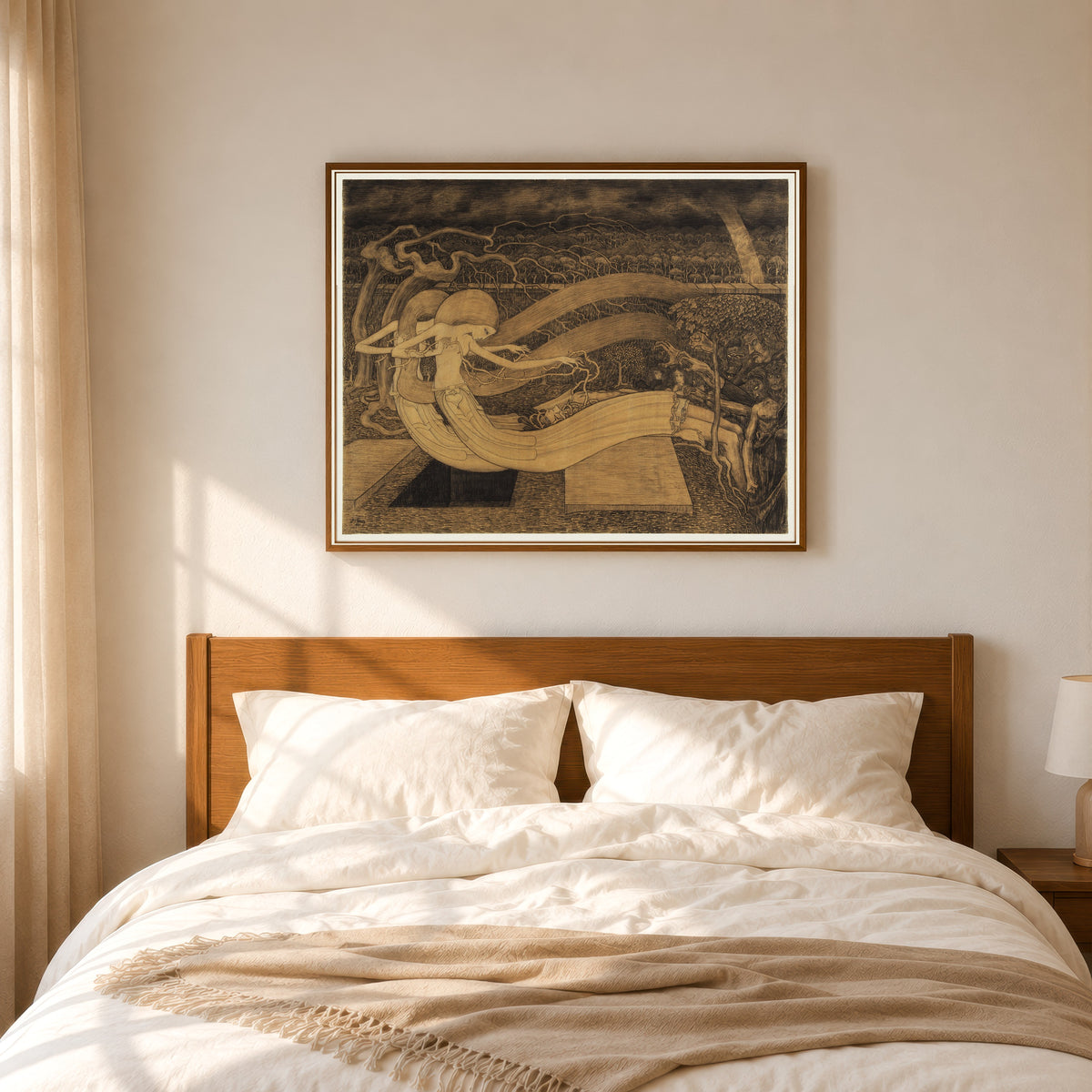 Framed art print of O Grave, Where Is Thy Victory by Jan Toorop, in a slim wood frame above a bed in a sunlit bedroom