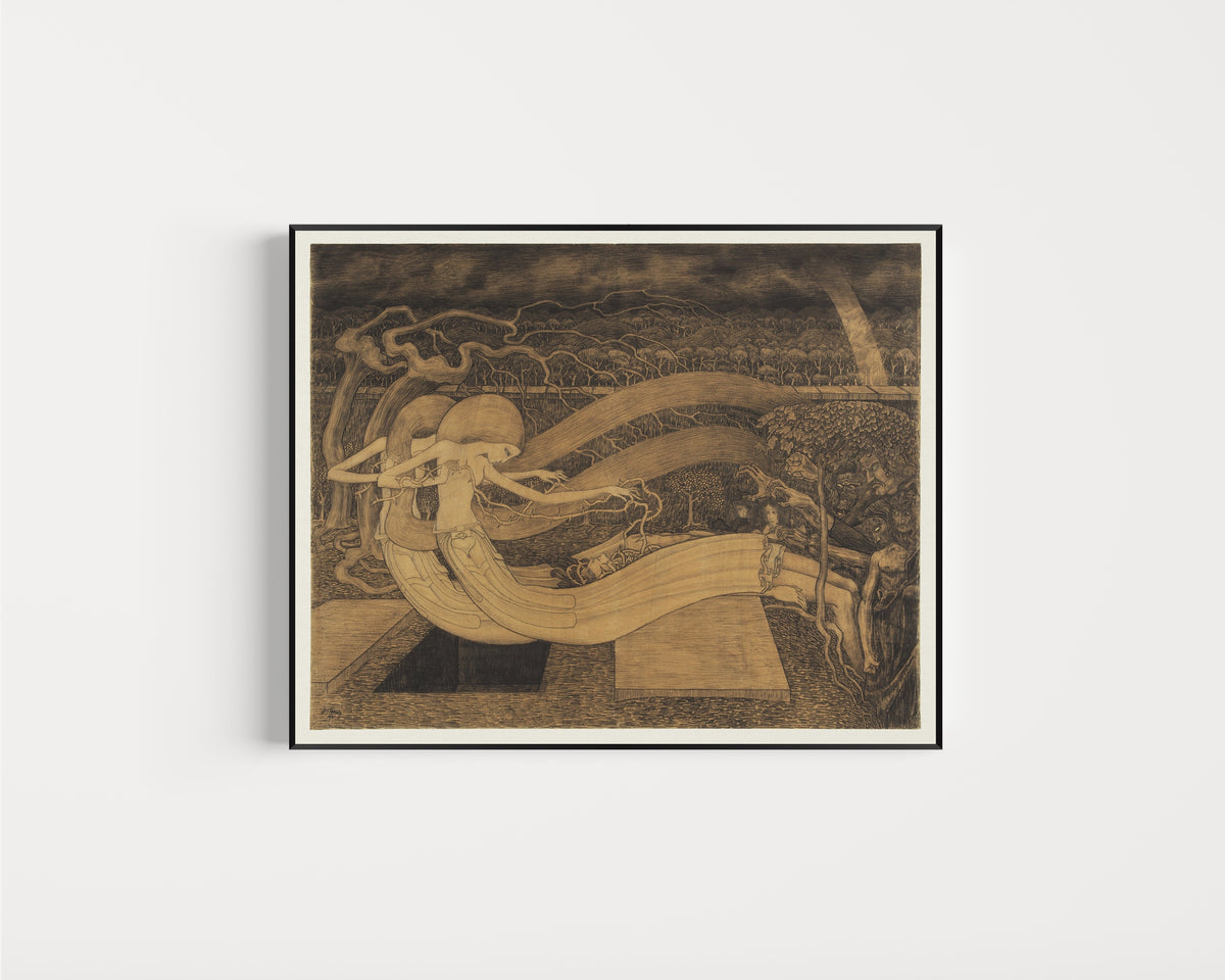 Framed art print of O Grave, Where Is Thy Victory by Jan Toorop, in a slim black frame on a plain white wall