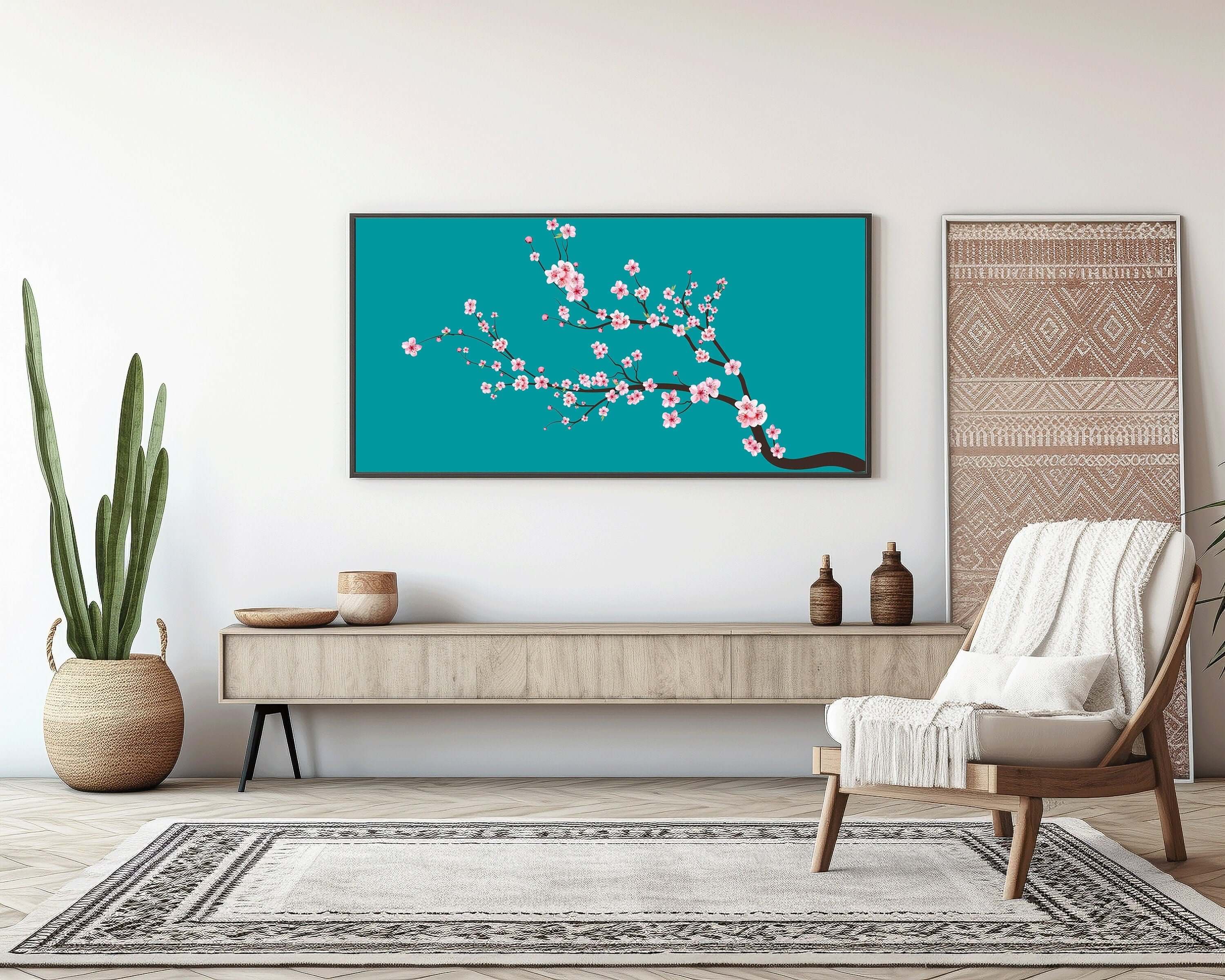 Japanese Cherry Blossoms (Sakura)| Aquamarine, Teal, Blue Wide Panoramic Art (available framed or unframed) - 9ArtPrints