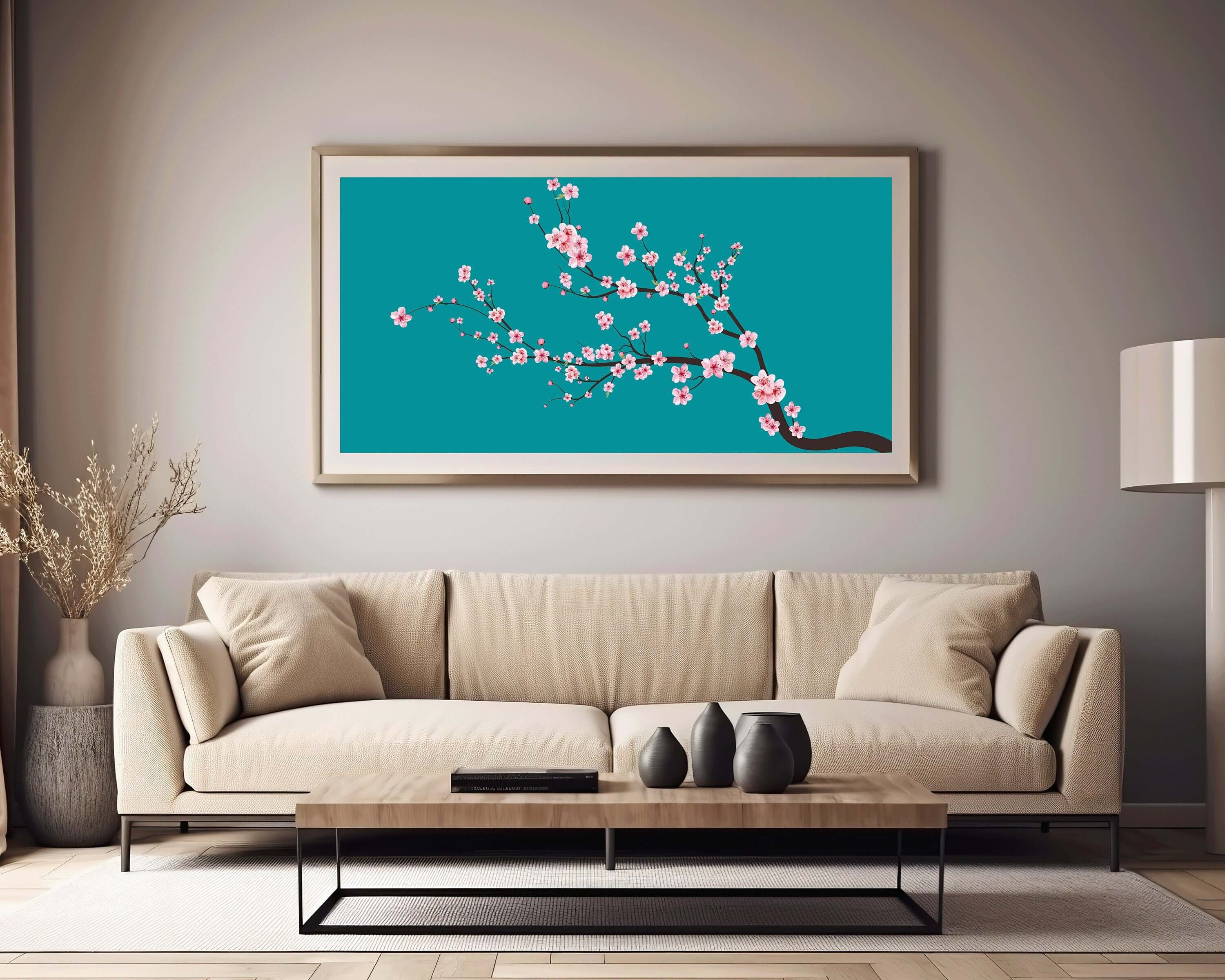 Japanese Cherry Blossoms (Sakura)| Aquamarine, Teal, Blue Wide Panoramic Art (available framed or unframed) - 9ArtPrints