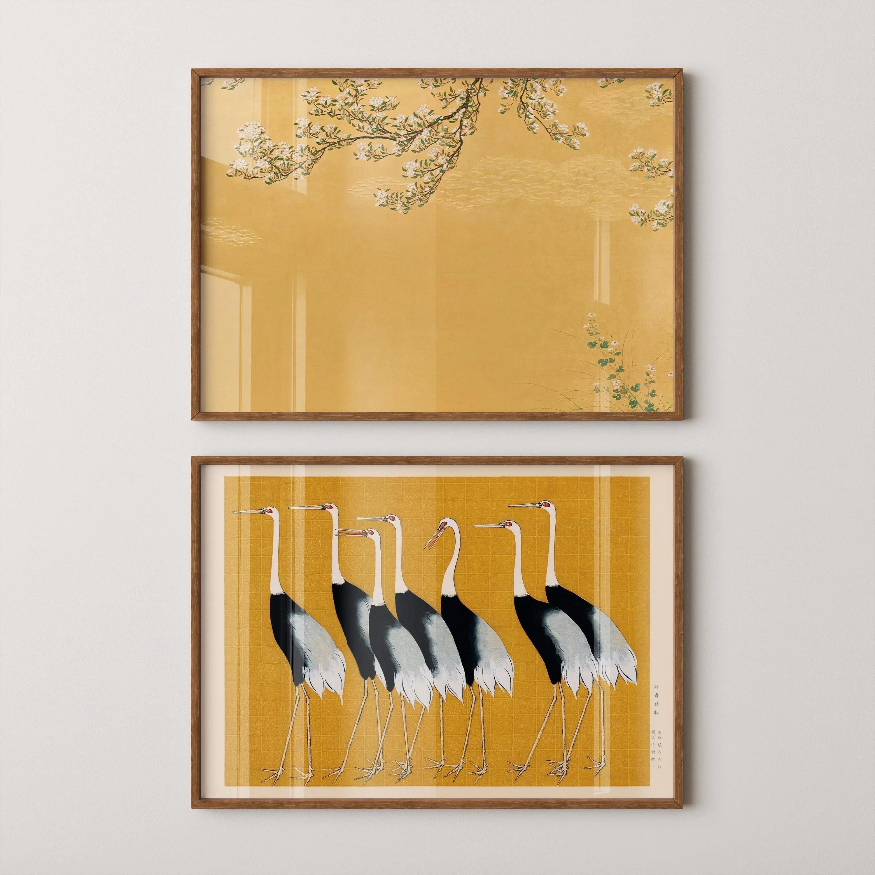 Japanese Crane Art Prints: Ukiyo - e Style, Yellow Shin Hanga Duo - 9ArtPrints