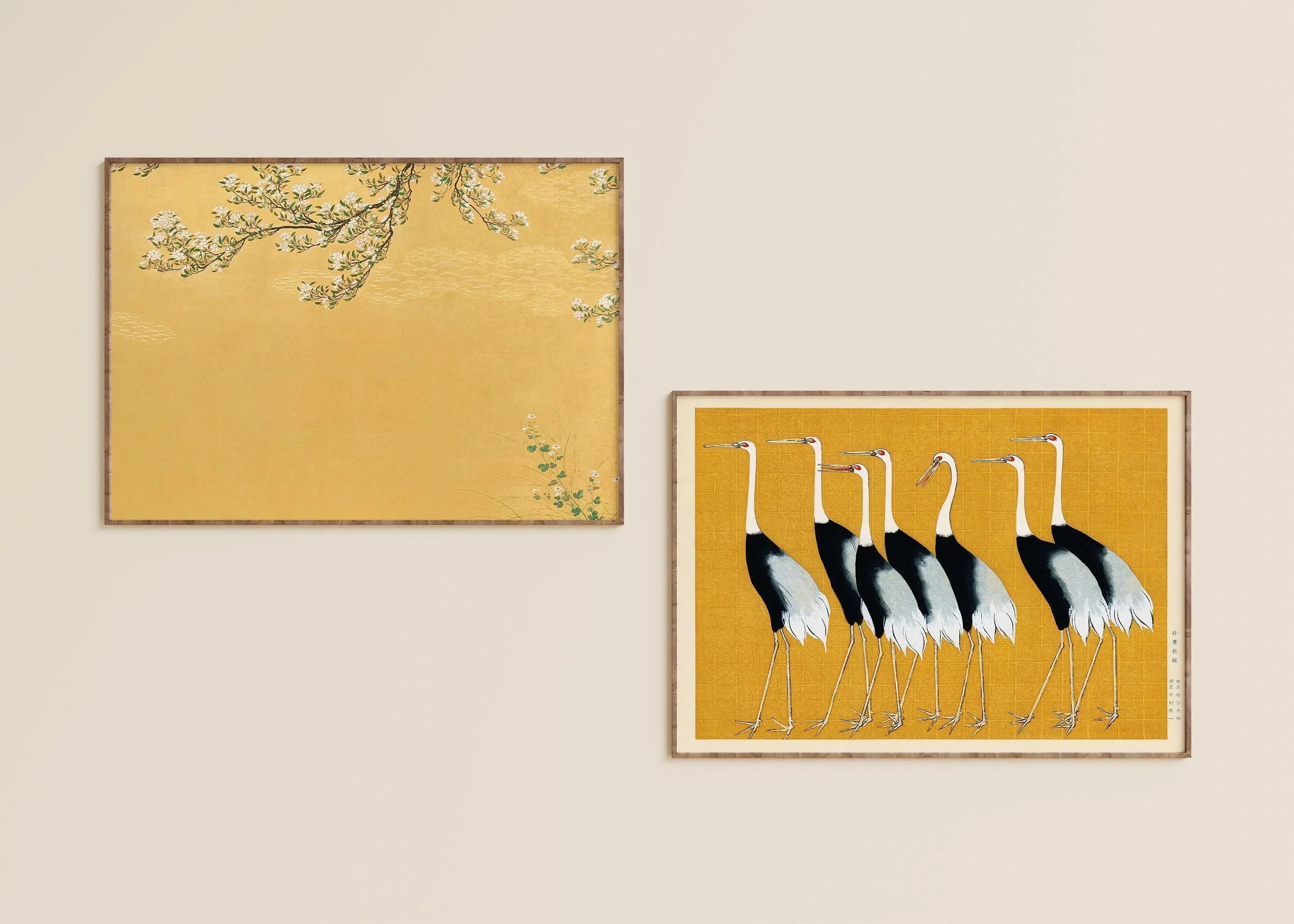 Japanese Crane Art Prints: Ukiyo - e Style, Yellow Shin Hanga Duo - 9ArtPrints