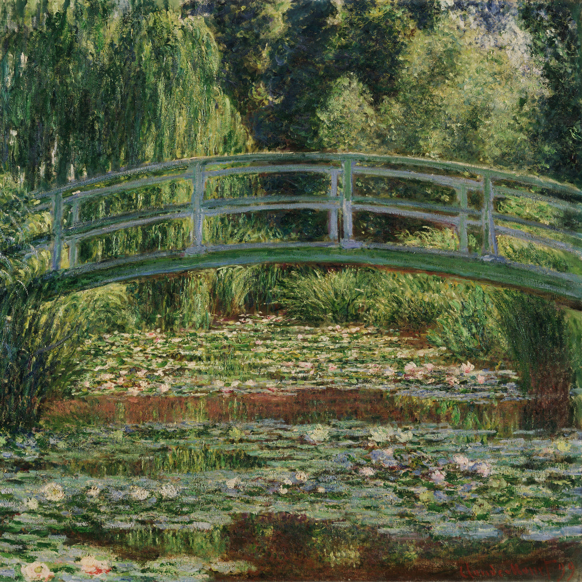 The Japanese Footbridge and the Water Lily Pool, Giverny (Harmony in Green) by Claude Monet — A pale green footbridge arcs over a pond thick with water lilies