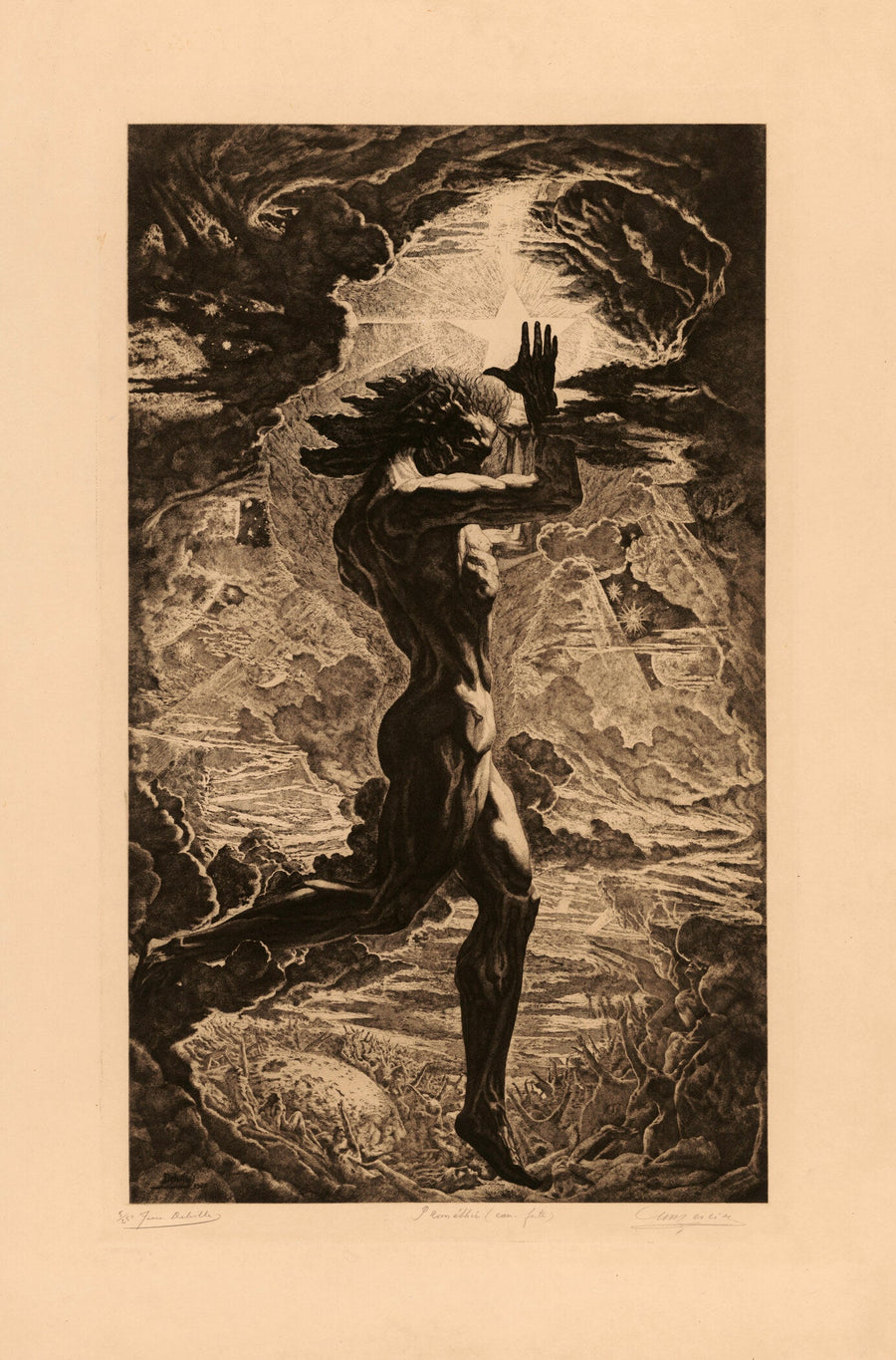 Jean Delville — Prometheus | Symbolist Fine Art Print shown to scale on a wall above a sofa