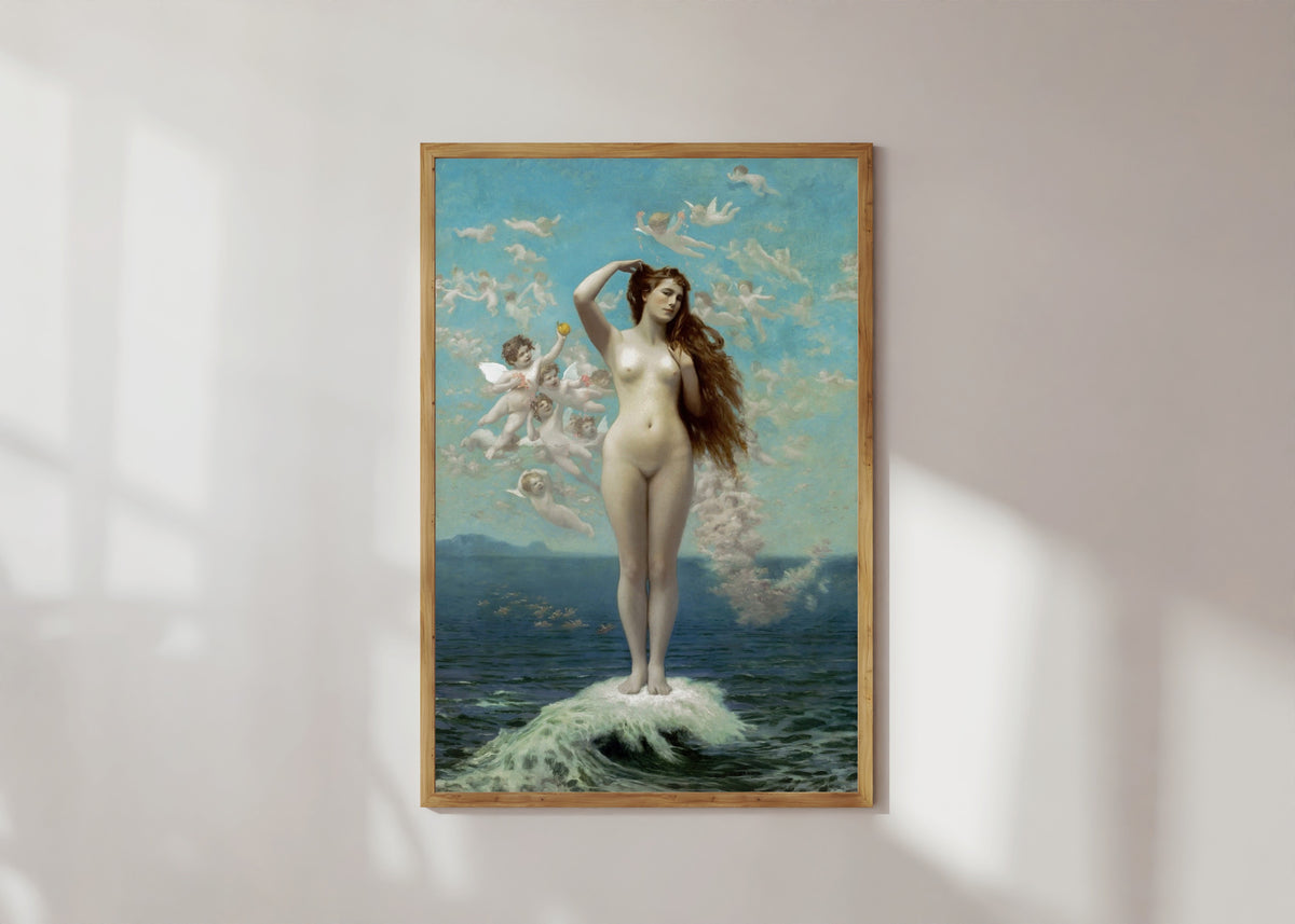 Framed art print of Venus Rising (The Star) by Jean-Léon Gérôme, in a light wood frame on a sunlit white wall