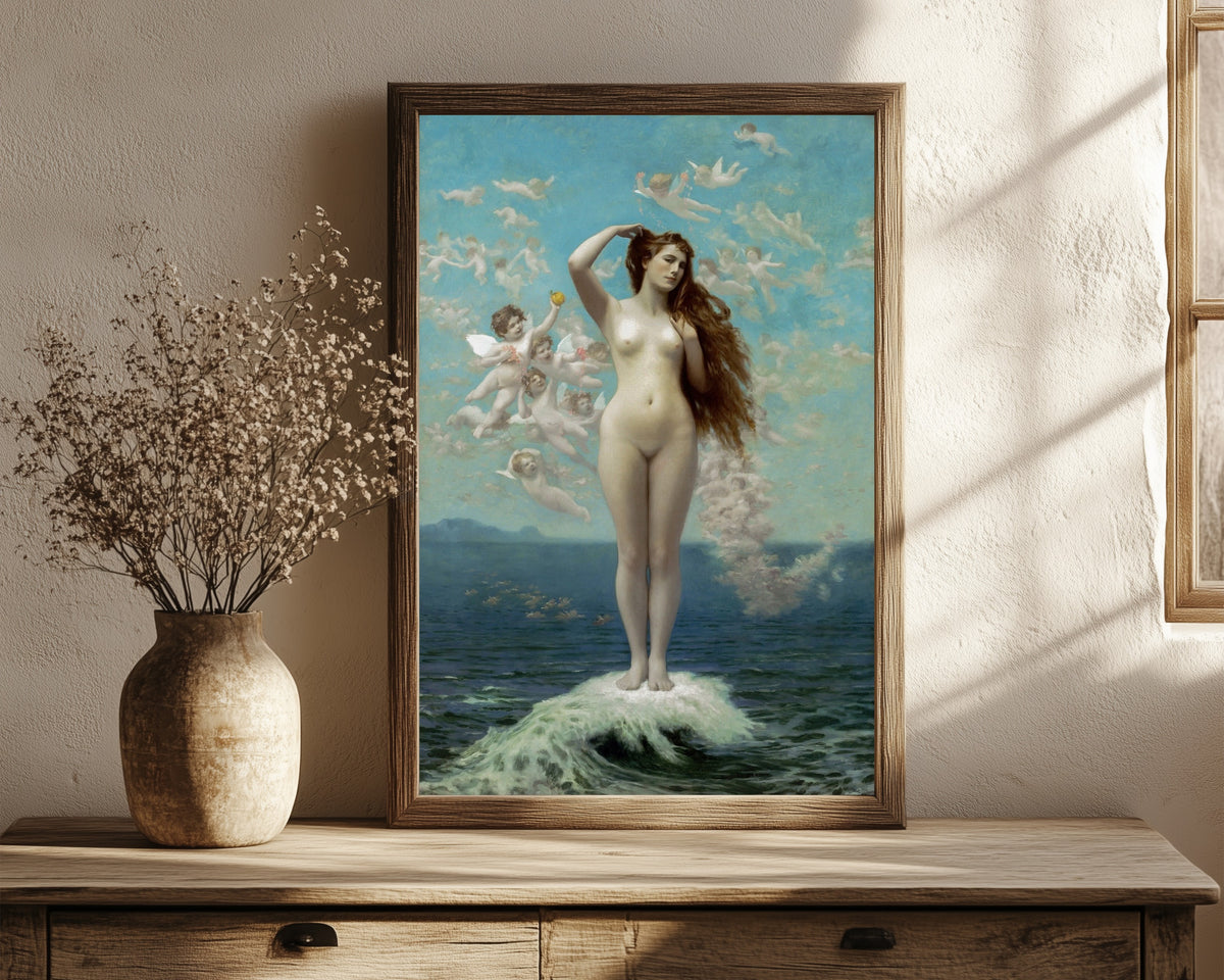 Framed art print of Venus Rising (The Star) by Jean-Léon Gérôme, in a dark wood frame leaning on a rustic console beside dried flowers