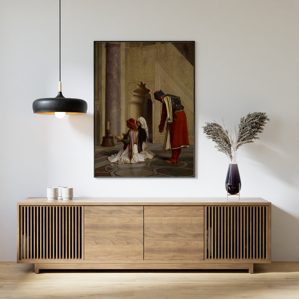 Young Greeks in the Mosque by Jean-Léon Gérôme — framed above a slatted wood sideboard
