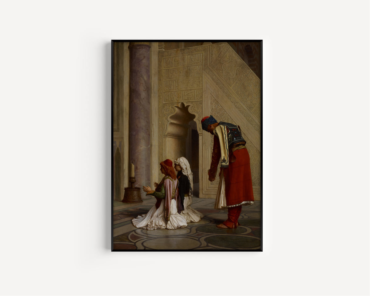 Young Greeks in the Mosque by Jean-Léon Gérôme — in a slim black frame on a plain white wall