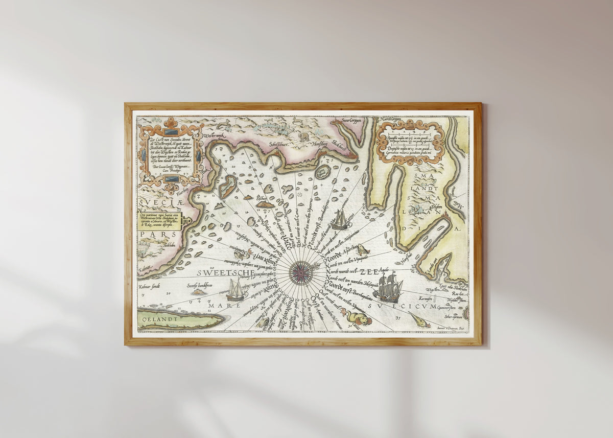 Framed art print of Coast of Sweden between Kalmar and Stockholm by Joannes van Doetechum the Elder, in a light wood frame on a sunlit white wall