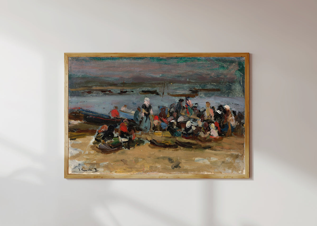 Framed art print of At the Estuary, Asturias (Las Carboneras) by Joaquín Sorolla, in a light wood frame on a sunlit white wall