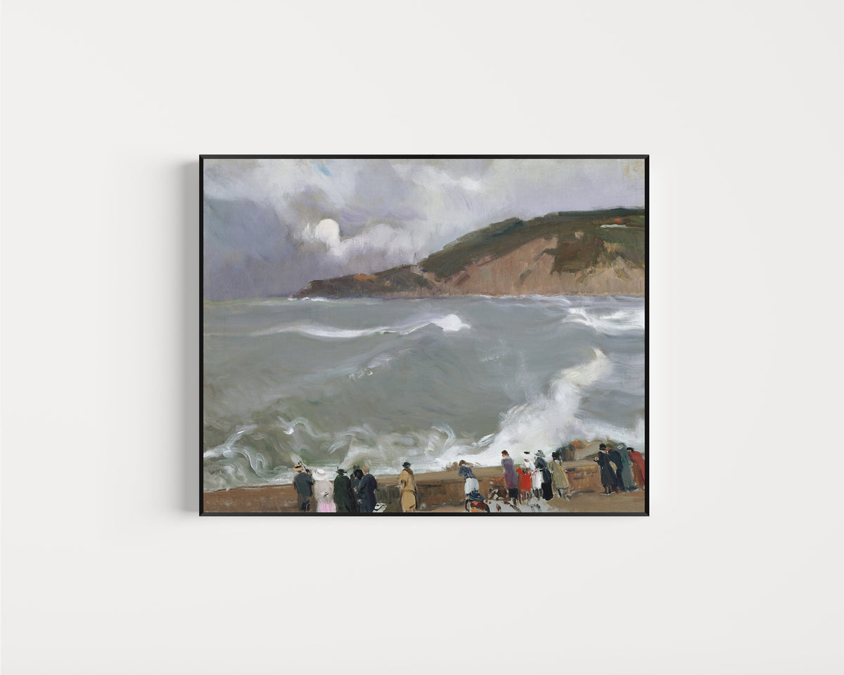 Framed art print of Breakwater, San Sebastián by Joaquín Sorolla, in a slim black frame on a plain white wall