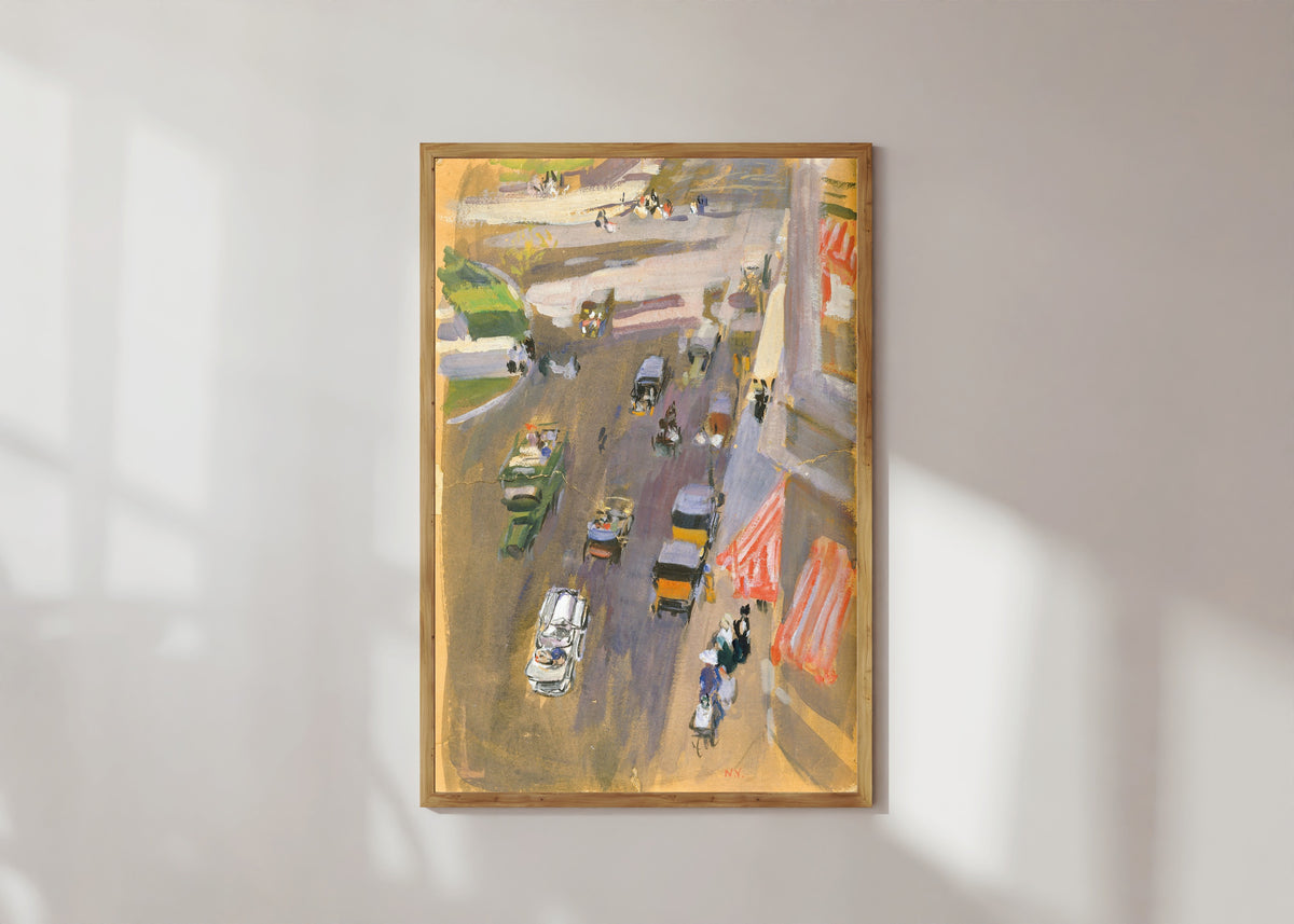 Framed art print of Fifth Avenue, New York by Joaquín Sorolla, in a light wood frame on a sunlit white wall