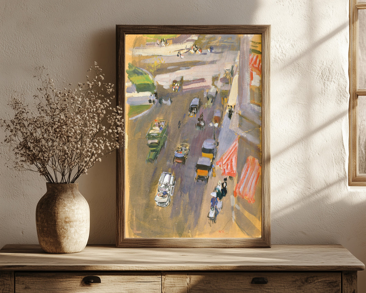Framed art print of Fifth Avenue, New York by Joaquín Sorolla, in a dark wood frame leaning on a rustic console beside dried flowers