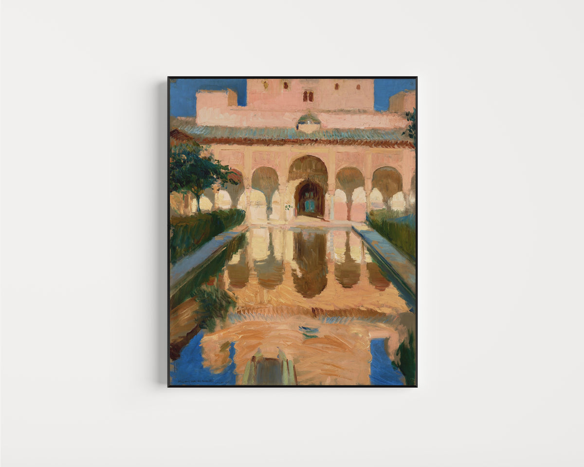 Framed art print of Hall of the Ambassadors, Alhambra, Granada by Joaquín Sorolla, in a slim black frame on a plain white wall