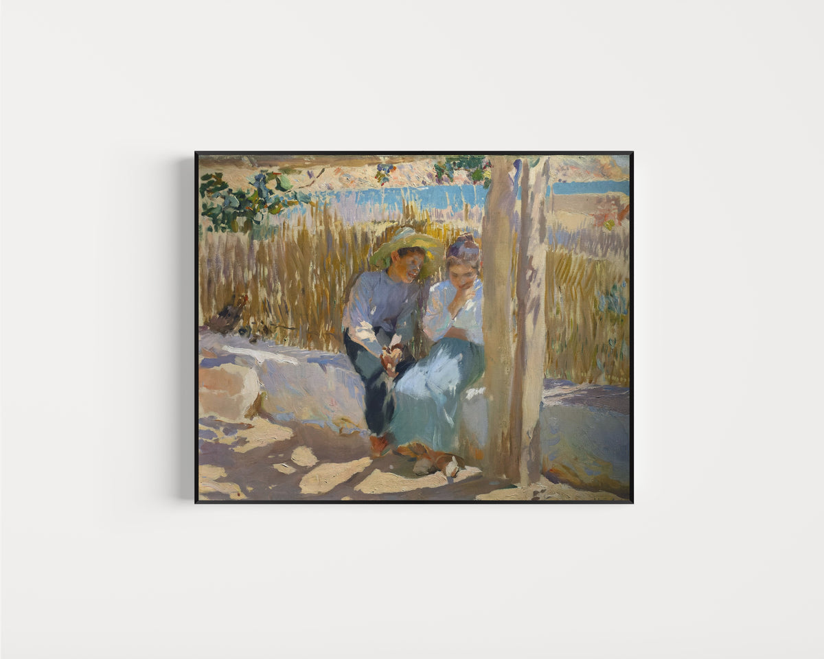 Framed art print of Idyll, Jávea by Joaquín Sorolla, in a slim black frame on a plain white wall