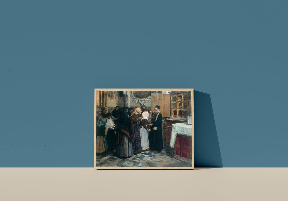 Framed art print of Kissing the Relic by Joaquín Sorolla, in a light wood frame leaning on a blue wall