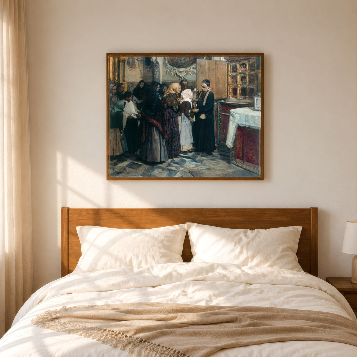 Framed art print of Kissing the Relic by Joaquín Sorolla, in a slim wood frame above a bed in a sunlit bedroom