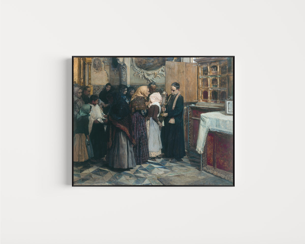 Framed art print of Kissing the Relic by Joaquín Sorolla, in a slim black frame on a plain white wall