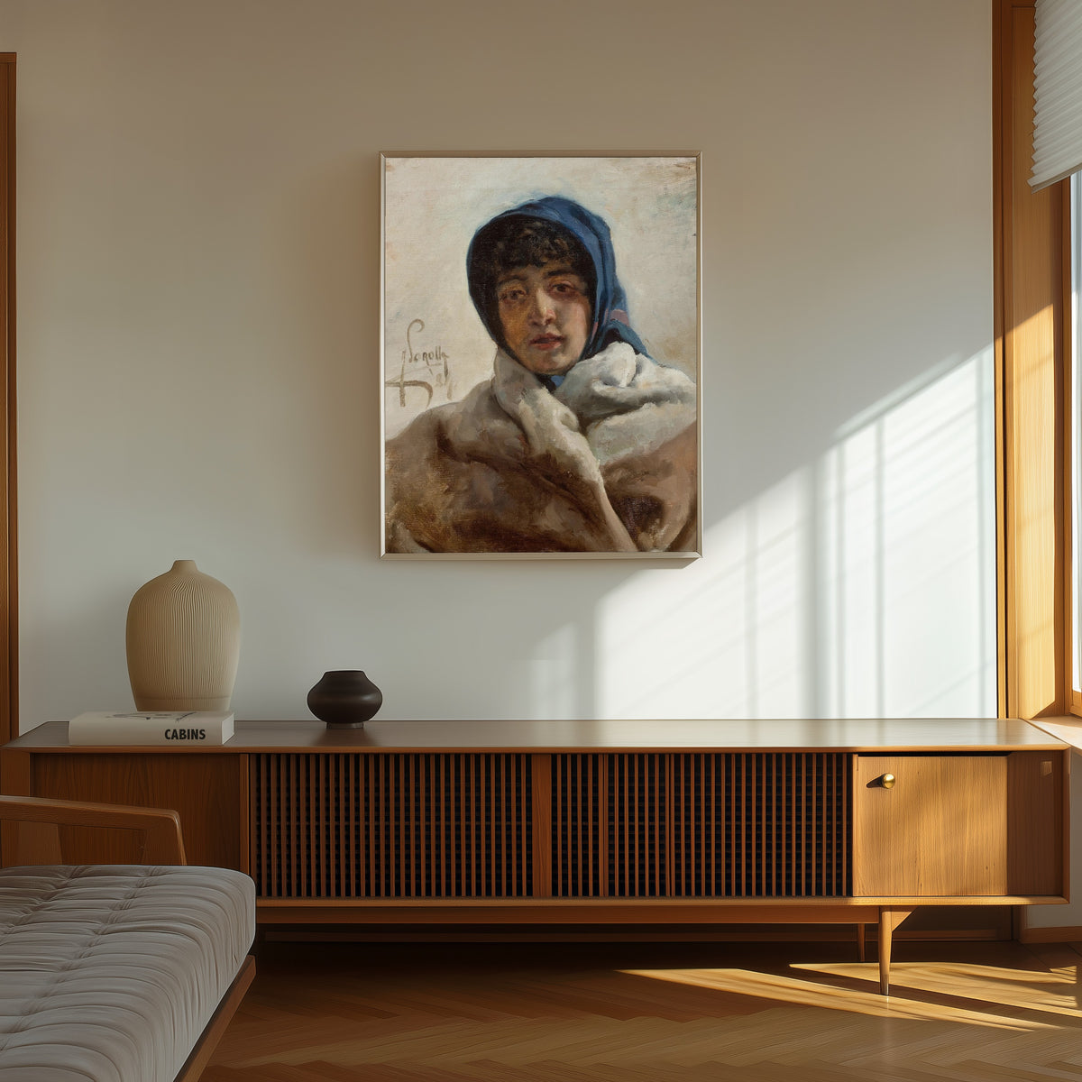 Framed art print of Portrait of a Woman in a Blue Headscarf by Joaquín Sorolla, in a thin light frame on a sunlit wall above a wooden sideboard