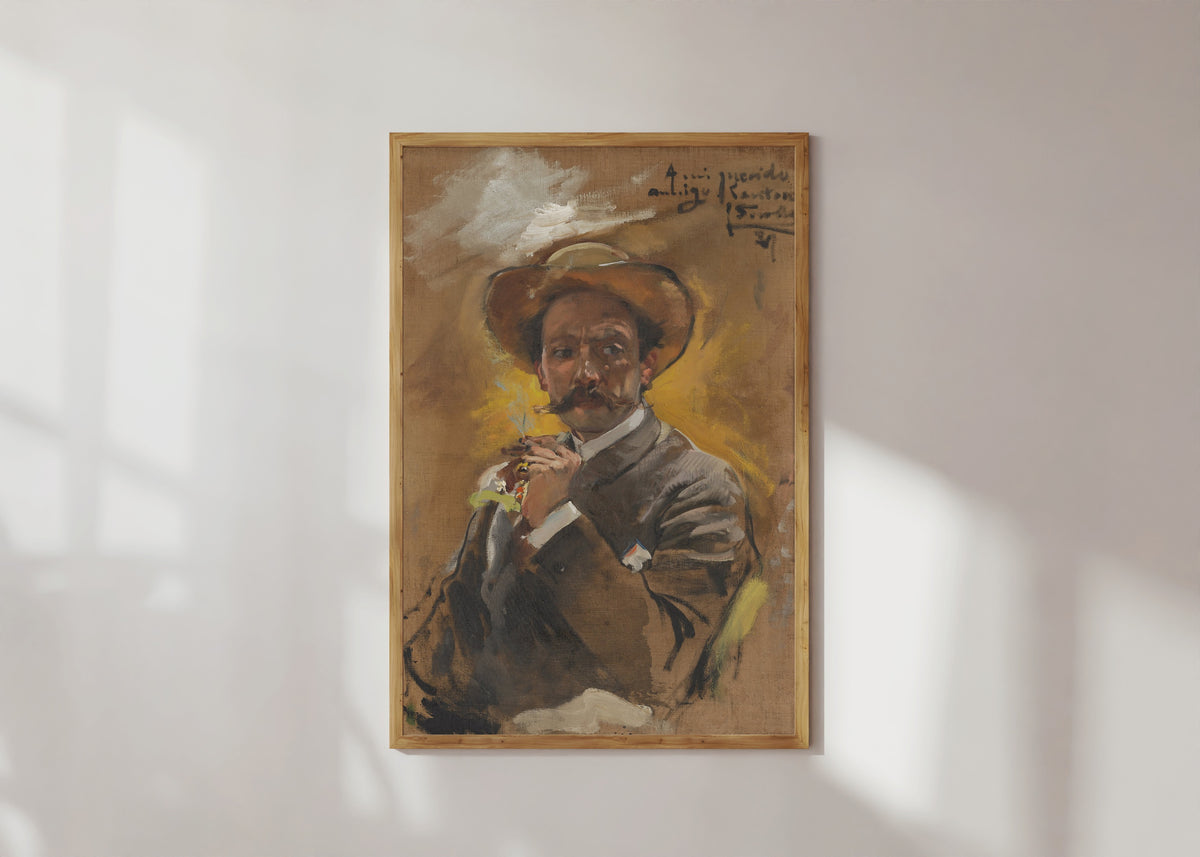 Framed art print of Portrait of the Painter Francesco Santoro, Rome by Joaquín Sorolla, in a light wood frame on a sunlit white wall