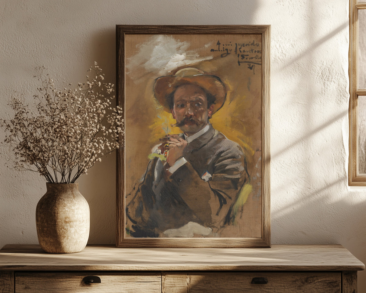 Framed art print of Portrait of the Painter Francesco Santoro, Rome by Joaquín Sorolla, in a dark wood frame leaning on a rustic console beside dried flowers