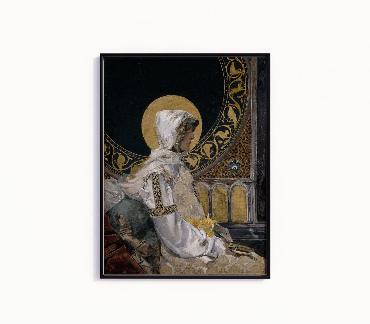 Framed art print of Saint in Prayer (Santa en oración) by Joaquín Sorolla, in a slim black frame on a plain white wall